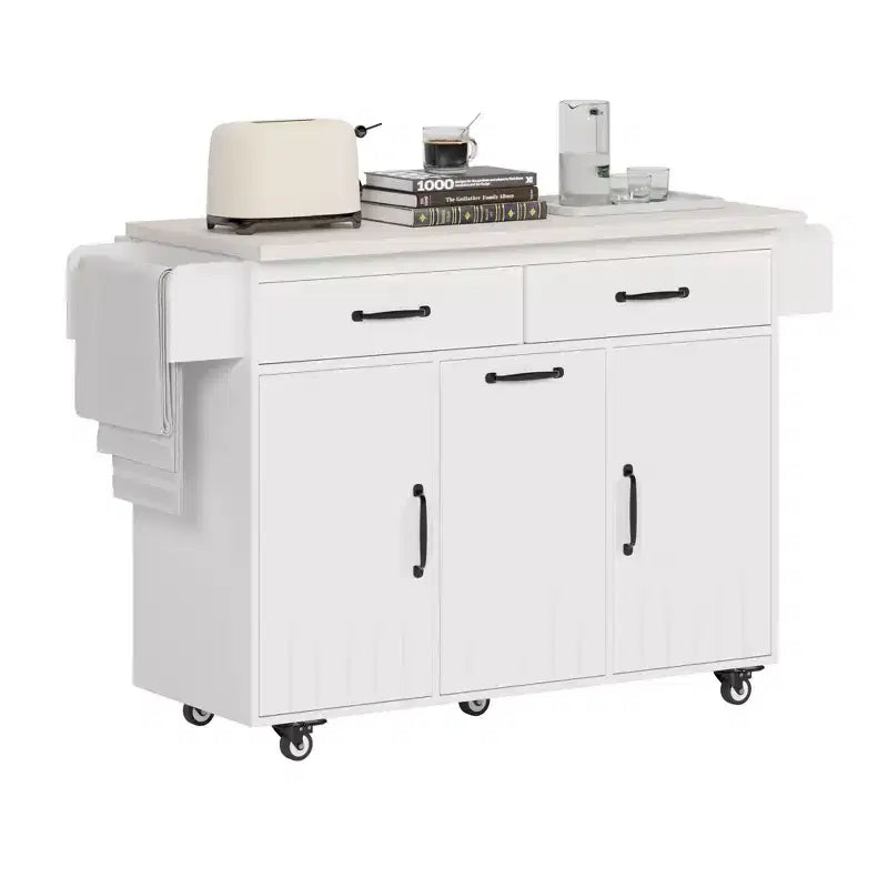 Pexfix Isla de Cocina con Armario para Bote de Basura, Carrito de Cocina con Hoja Desplegable y Especiero y Toallero y Cajón con Estante Ajustable Blanco