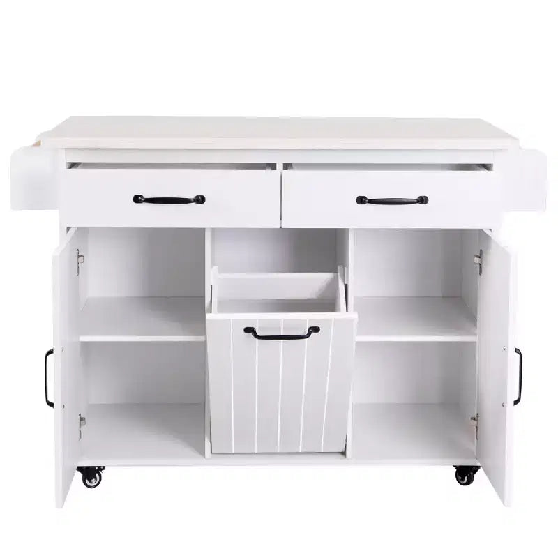 Pexfix Isla de Cocina con Armario para Bote de Basura, Carrito de Cocina con Hoja Desplegable y Especiero y Toallero y Cajón con Estante Ajustable Blanco