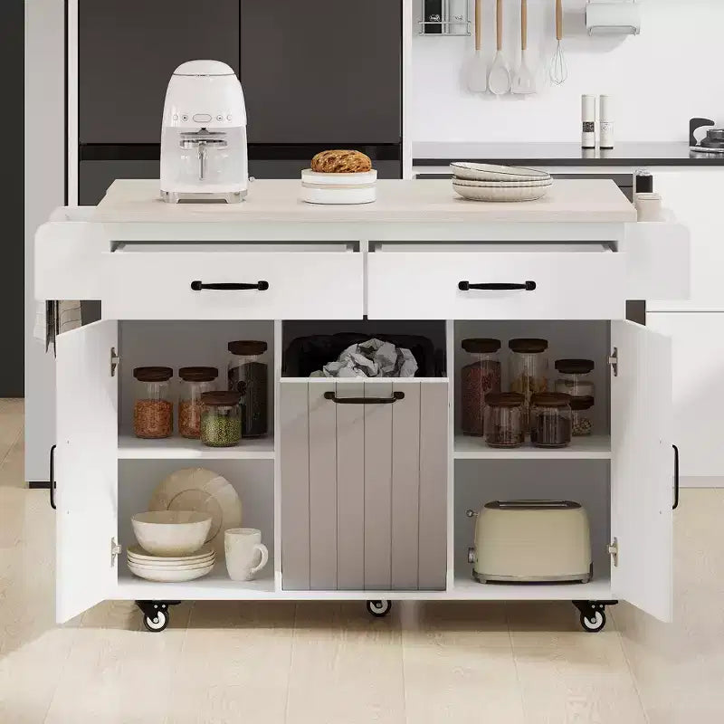 Pexfix Isla de Cocina con Armario para Bote de Basura, Carrito de Cocina con Hoja Desplegable y Especiero y Toallero y Cajón con Estante Ajustable Blanco
