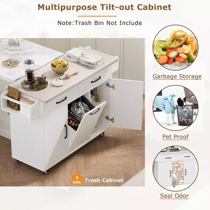 Pexfix Isla de Cocina con Armario para Bote de Basura, Carrito de Cocina con Hoja Desplegable y Especiero y Toallero y Cajón con Estante Ajustable Blanco