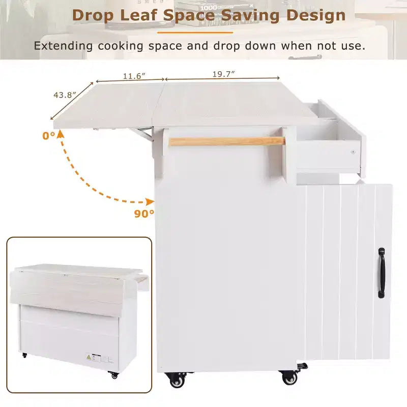 Pexfix Isla de Cocina con Armario para Bote de Basura, Carrito de Cocina con Hoja Desplegable y Especiero y Toallero y Cajón con Estante Ajustable Blanco