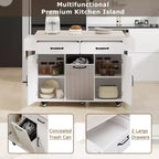 Pexfix Isla de Cocina con Armario para Bote de Basura, Carrito de Cocina con Hoja Desplegable y Especiero y Toallero y Cajón con Estante Ajustable Blanco