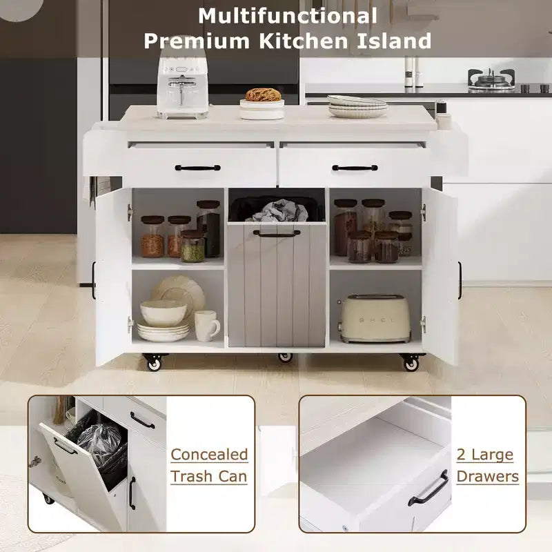 Pexfix Isla de Cocina con Armario para Bote de Basura, Carrito de Cocina con Hoja Desplegable y Especiero y Toallero y Cajón con Estante Ajustable Blanco