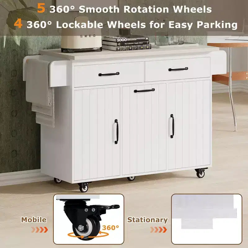 Pexfix Isla de Cocina con Armario para Bote de Basura, Carrito de Cocina con Hoja Desplegable y Especiero y Toallero y Cajón con Estante Ajustable Blanco