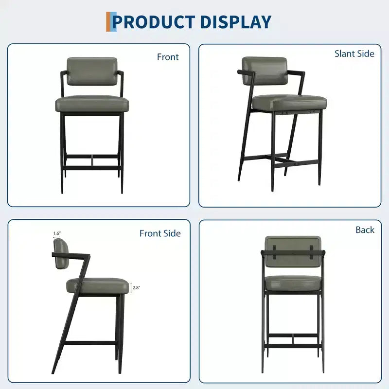 Juego de 2 taburetes de bar de altura de mostrador, taburetes de cocina tapizados con reposapiés y patas de metal, sillas de bar de piel sintética para isla de cocina