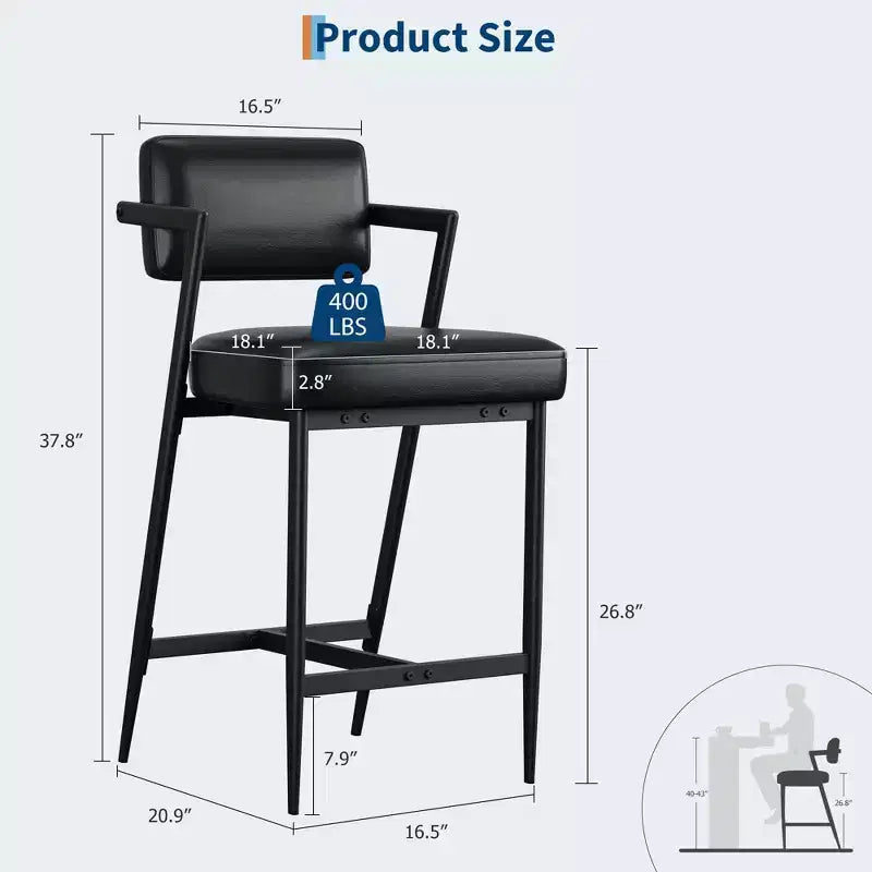 Juego de 2 taburetes de bar de altura de mostrador, taburetes de cocina tapizados con reposapiés y patas de metal, sillas de bar de piel sintética para isla de cocina