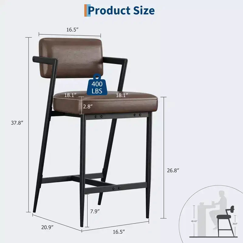 Juego de 2 taburetes de bar de altura de mostrador, taburetes de cocina tapizados con reposapiés y patas de metal, sillas de bar de piel sintética para isla de cocina