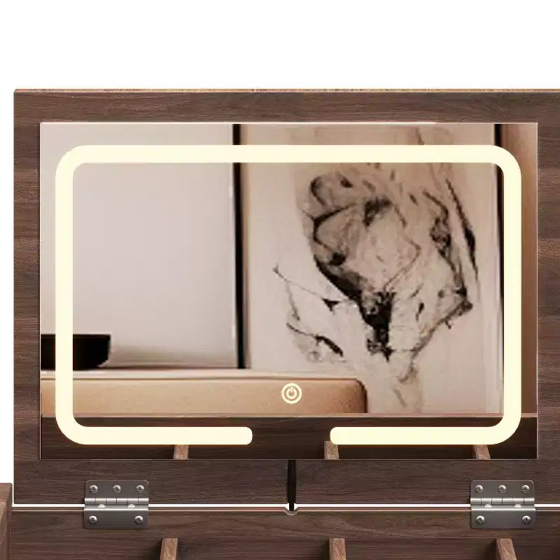Tocador de maquillaje Tocador de estilo bohemio con taburete acolchado, espejo iluminado de 3 colores y tablero con tapa abatible, Nogal