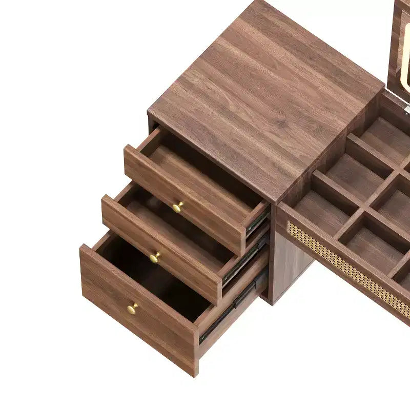 Tocador de maquillaje Tocador de estilo bohemio con taburete acolchado, espejo iluminado de 3 colores y tablero con tapa abatible, Nogal