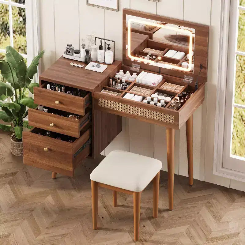 Tocador de maquillaje Tocador de estilo bohemio con taburete acolchado, espejo iluminado de 3 colores y tablero con tapa abatible, Nogal