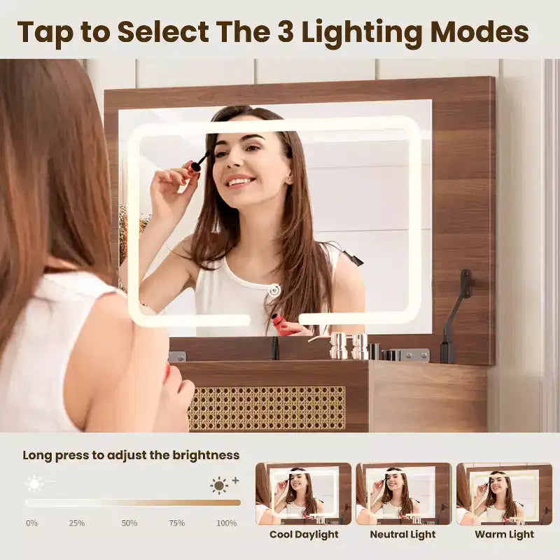 Tocador de maquillaje Tocador de estilo bohemio con taburete acolchado, espejo iluminado de 3 colores y tablero con tapa abatible, Nogal