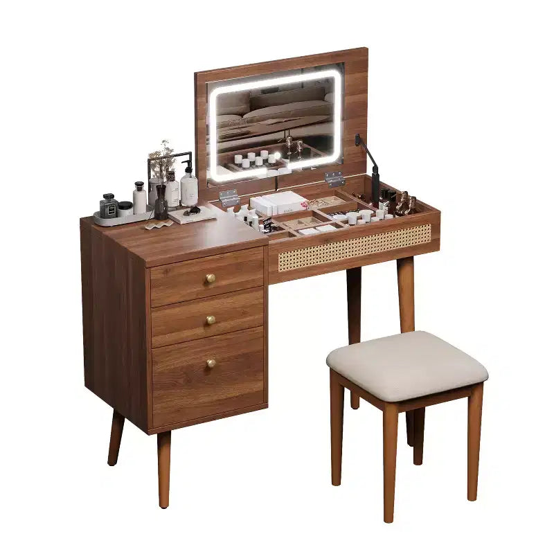 Tocador de maquillaje Tocador de estilo bohemio con taburete acolchado, espejo iluminado de 3 colores y tablero con tapa abatible, Nogal