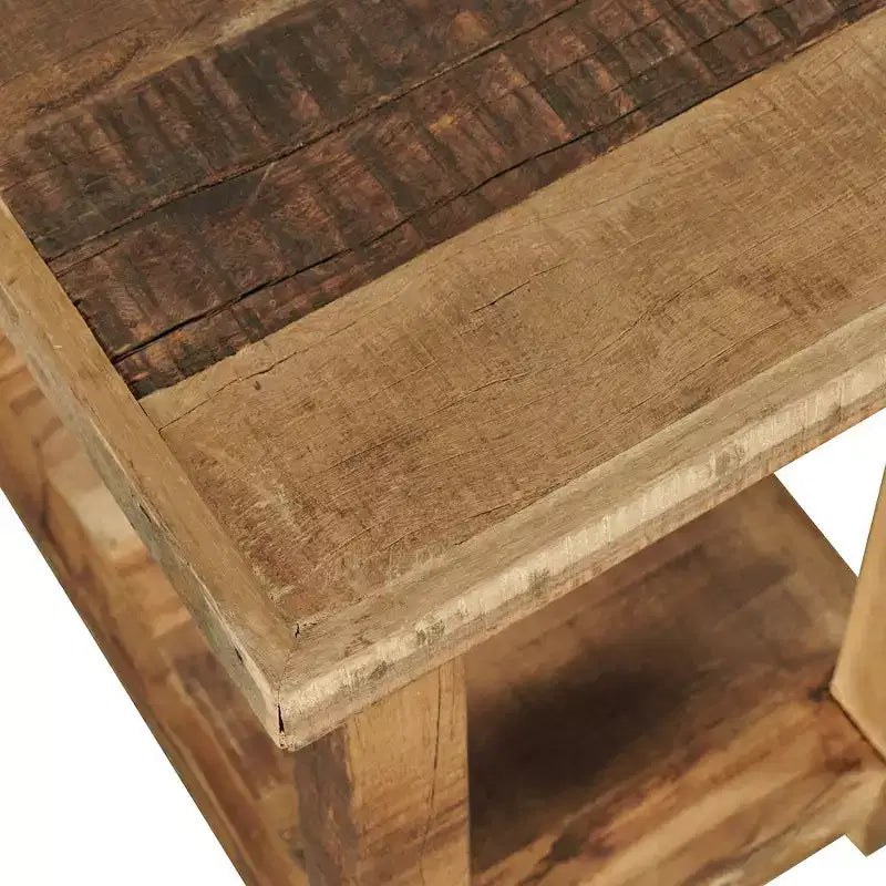 Mesa auxiliar rústica de madera maciza recuperada con estante de almacenamiento