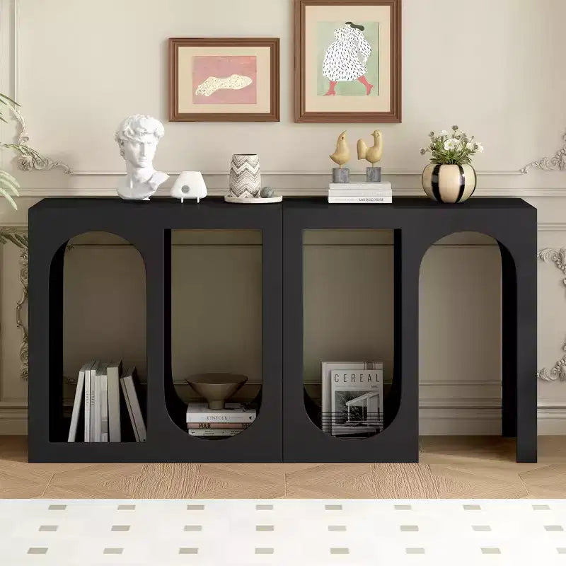 Mesa de consola modular, mesa auxiliar estrecha y larga, mesa de recibidor de entrada con exterior rectangular y diseño curvo para sala de estar, negra
