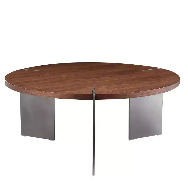 Mesa de centro redonda con tapa de madera de nogal y base de metal negro, centro de mesa moderno para sala de estar - Panipeachy