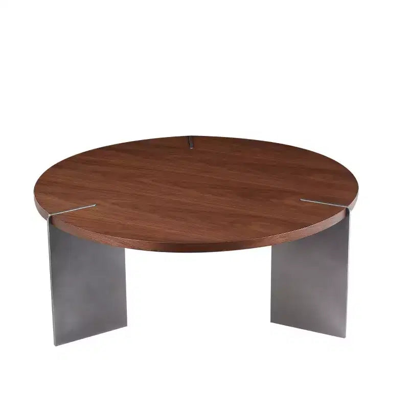 Mesa de centro redonda con tapa de madera de nogal y base de metal negro, centro de mesa moderno para sala de estar - Panipeachy