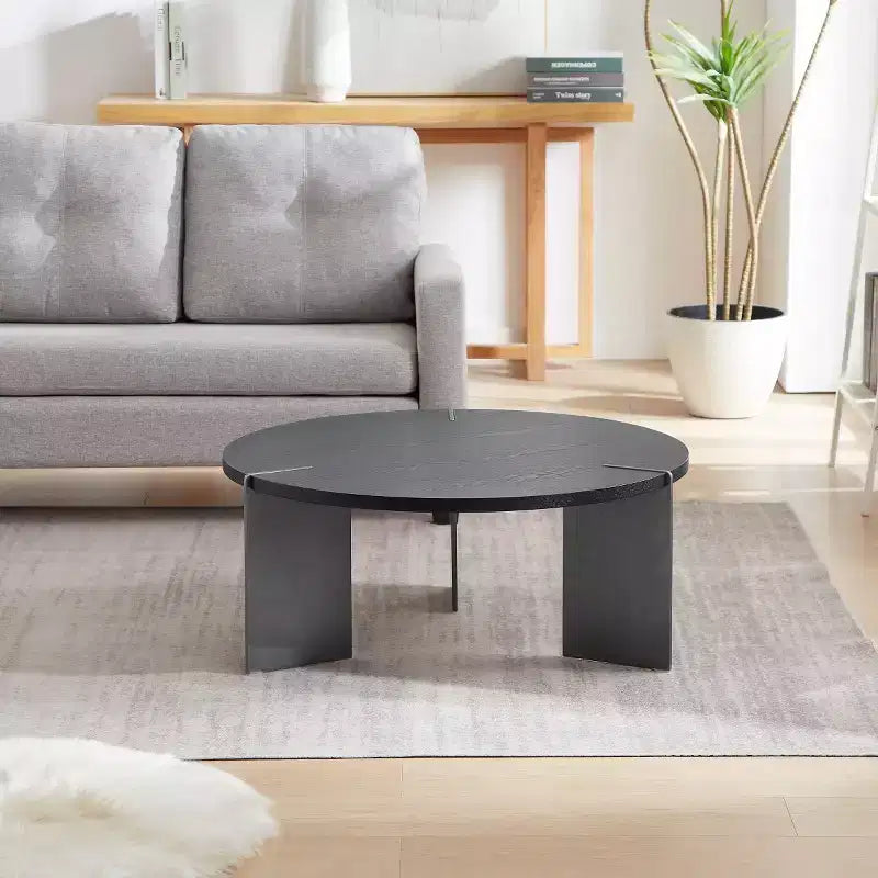 Mesa de centro redonda con tapa de madera de nogal y base de metal negro, centro de mesa moderno para sala de estar - Panipeachy