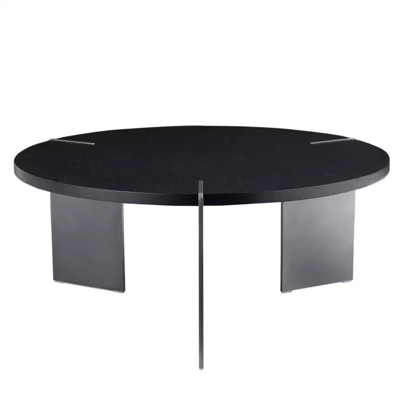Mesa de centro redonda con tapa de madera de nogal y base de metal negro, centro de mesa moderno para sala de estar - Panipeachy