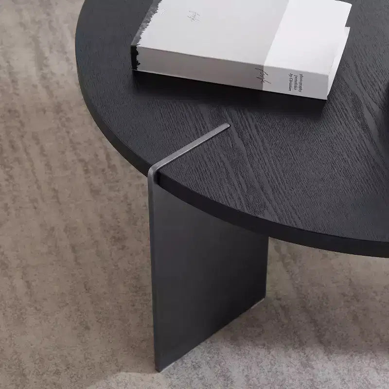 Mesa de centro redonda con tapa de madera de nogal y base de metal negro, centro de mesa moderno para sala de estar - Panipeachy
