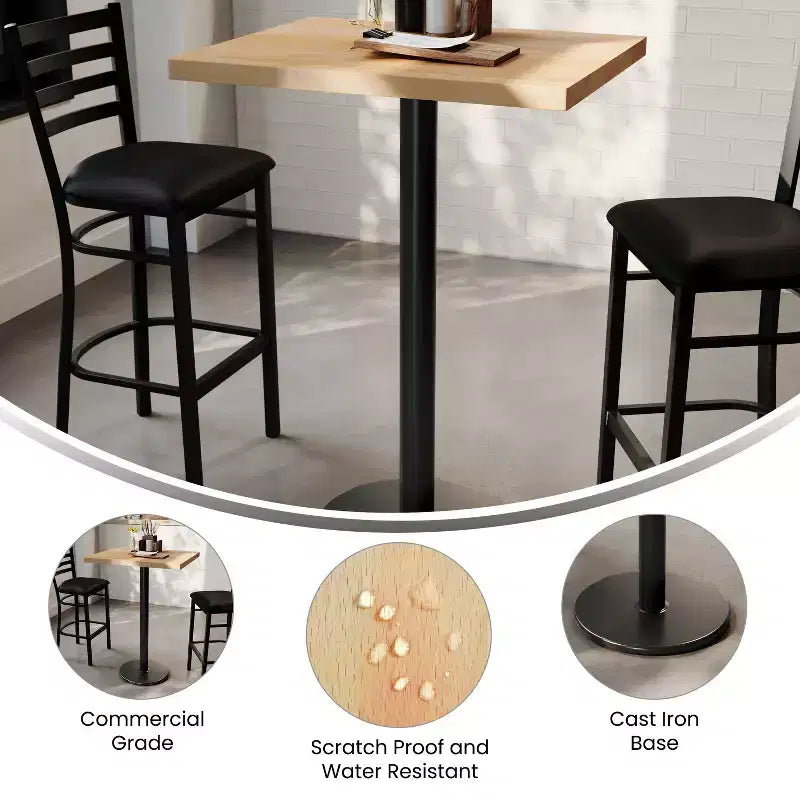 Mesa de interior de madera maciza rectangular Bennett de Flash Furniture con base de hierro fundido redonda de 18 pulgadas, resistente a la oxidación y con altura de barra