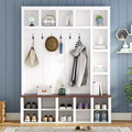 Okak Farmhouse Hall Tree with 6 Hooks, Storage Rack with Storage Bench and Adjustable Shelves, 4-In-1 Coat Rack for Living Room, White+Walnut