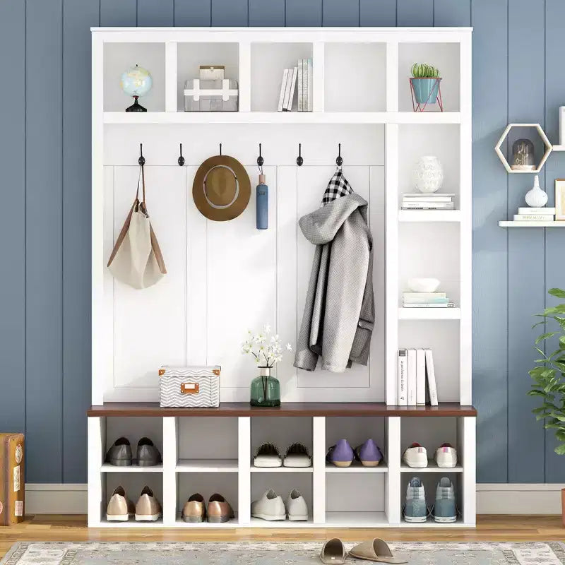 Okak Farmhouse Hall Tree with 6 Hooks, Storage Rack with Storage Bench and Adjustable Shelves, 4-In-1 Coat Rack for Living Room, White+Walnut