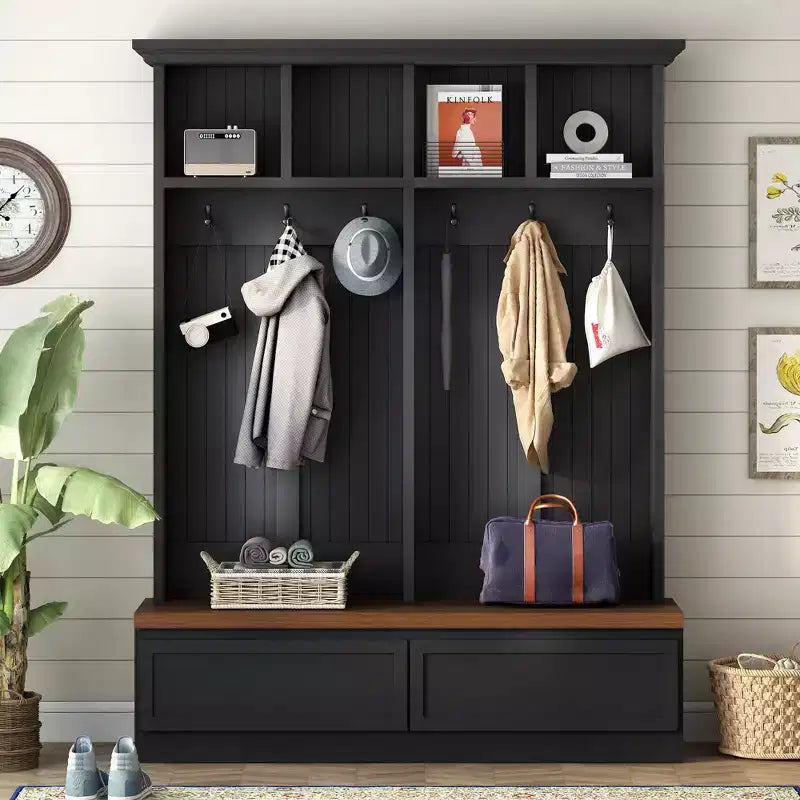 Okak Farmhouse Hall Tree with Wood Grain Bench, Versatile Storage Rack with 2 Large Drawers, Entryway Storage for Hallway, Living Room, Black+Walnut