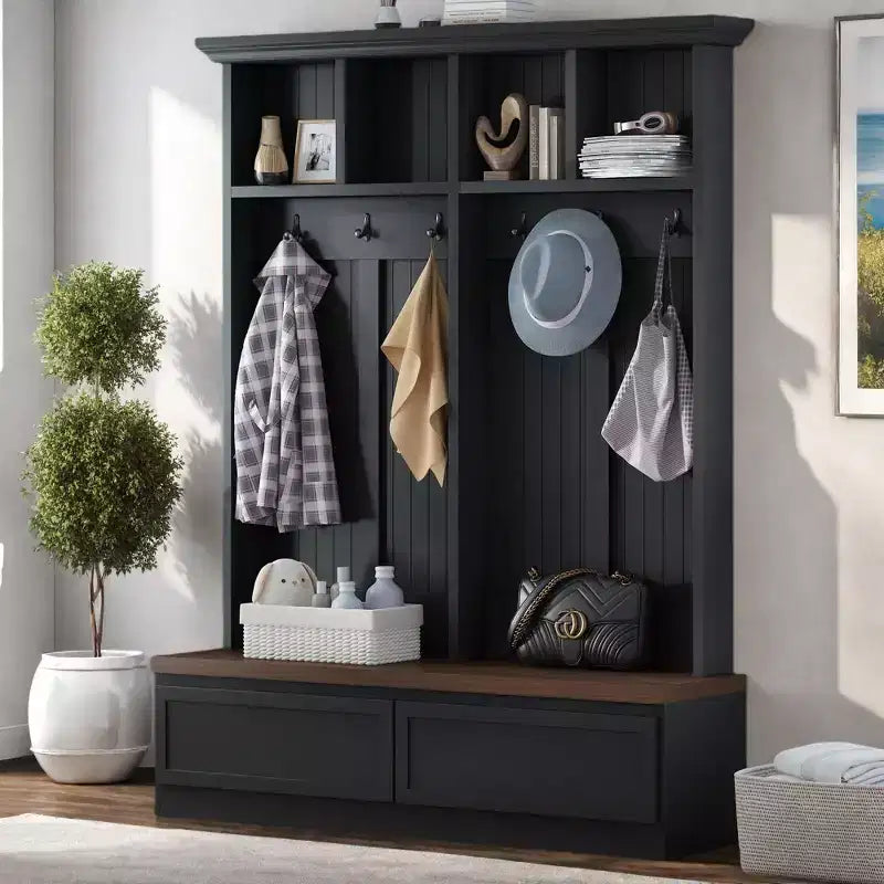 Perchero de entrada Okak Farmhouse con banco de madera, estante de almacenamiento versátil con 2 cajones grandes, organizador de entrada para recibidor, sala de estar, negro y nogal