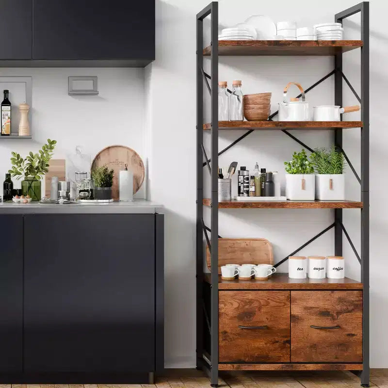 Estantería de 5 Niveles Celebalcony con 2 Cajones, Unidades de Estantería de Pie, Organizador de Almacenamiento de Madera y Metal, Librería para el Hogar, Oficina, Dormitorio, Marrón Rústico