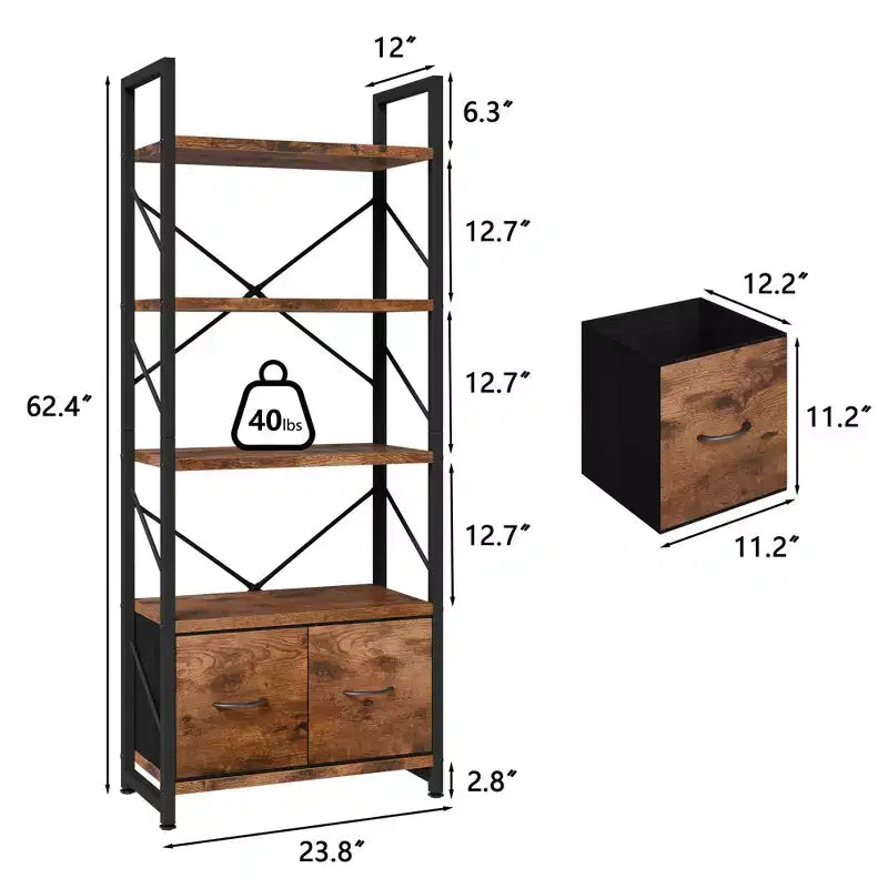 Estantería de 5 Niveles Celebalcony con 2 Cajones, Unidades de Estantería de Pie, Organizador de Almacenamiento de Madera y Metal, Librería para el Hogar, Oficina, Dormitorio, Marrón Rústico