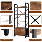 Estantería de 5 Niveles Celebalcony con 2 Cajones, Unidades de Estantería de Pie, Organizador de Almacenamiento de Madera y Metal, Librería para el Hogar, Oficina, Dormitorio, Marrón Rústico