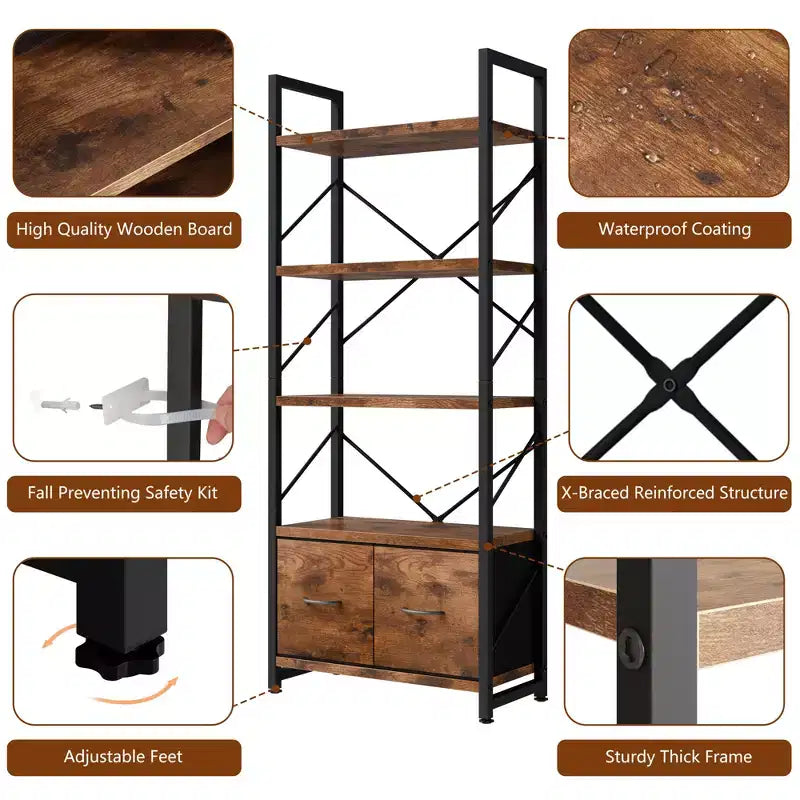 Estantería de 5 Niveles Celebalcony con 2 Cajones, Unidades de Estantería de Pie, Organizador de Almacenamiento de Madera y Metal, Librería para el Hogar, Oficina, Dormitorio, Marrón Rústico