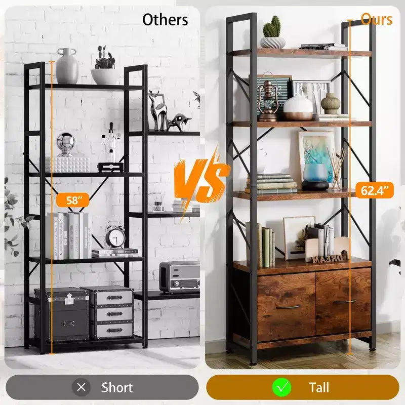 Estantería de 5 Niveles Celebalcony con 2 Cajones, Unidades de Estantería de Pie, Organizador de Almacenamiento de Madera y Metal, Librería para el Hogar, Oficina, Dormitorio, Marrón Rústico