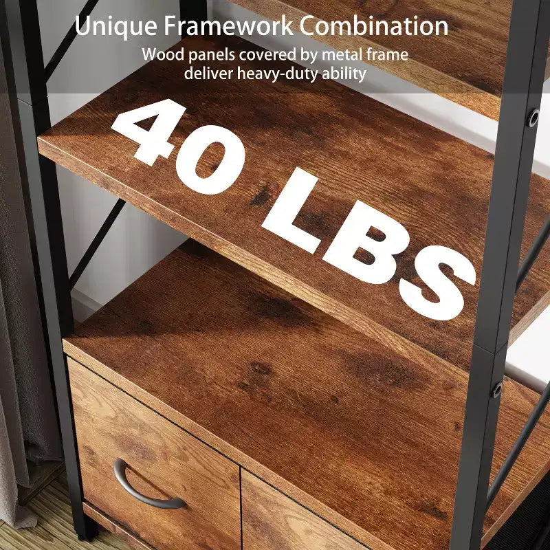 Estantería de 5 Niveles Celebalcony con 2 Cajones, Unidades de Estantería de Pie, Organizador de Almacenamiento de Madera y Metal, Librería para el Hogar, Oficina, Dormitorio, Marrón Rústico