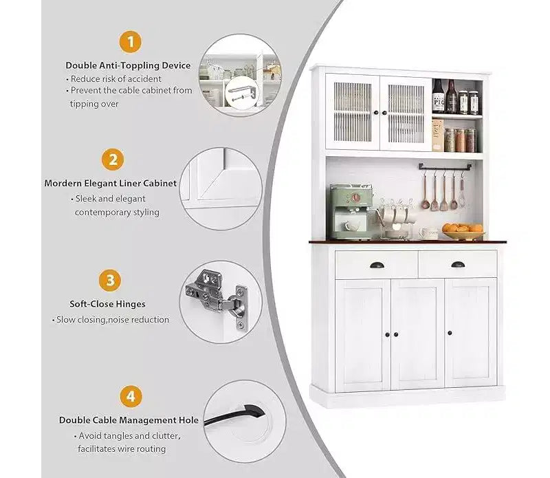 Mueble de almacenamiento de despensa de cocina de madera de 71 pulgadas, aparador independiente con soporte para microondas, barra de café, 2 cajones, 5 puertas y estantes para comedor