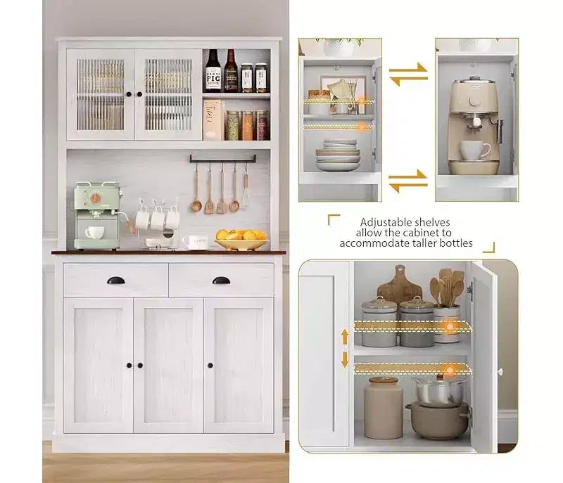 Mueble de almacenamiento de despensa de cocina de madera de 71 pulgadas, aparador independiente con soporte para microondas, barra de café, 2 cajones, 5 puertas y estantes para comedor