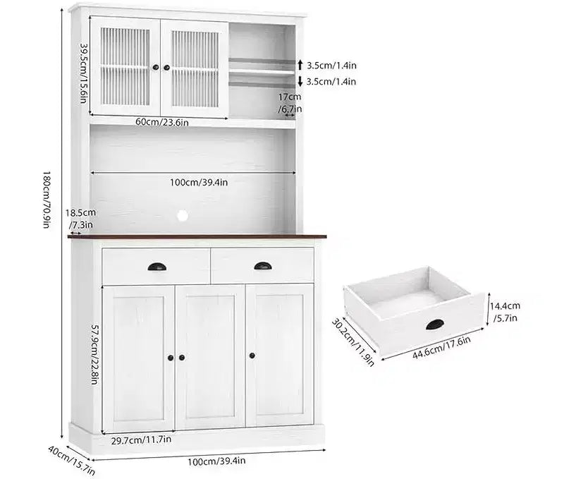 Mueble de almacenamiento de despensa de cocina de madera de 71 pulgadas, aparador independiente con soporte para microondas, barra de café, 2 cajones, 5 puertas y estantes para comedor