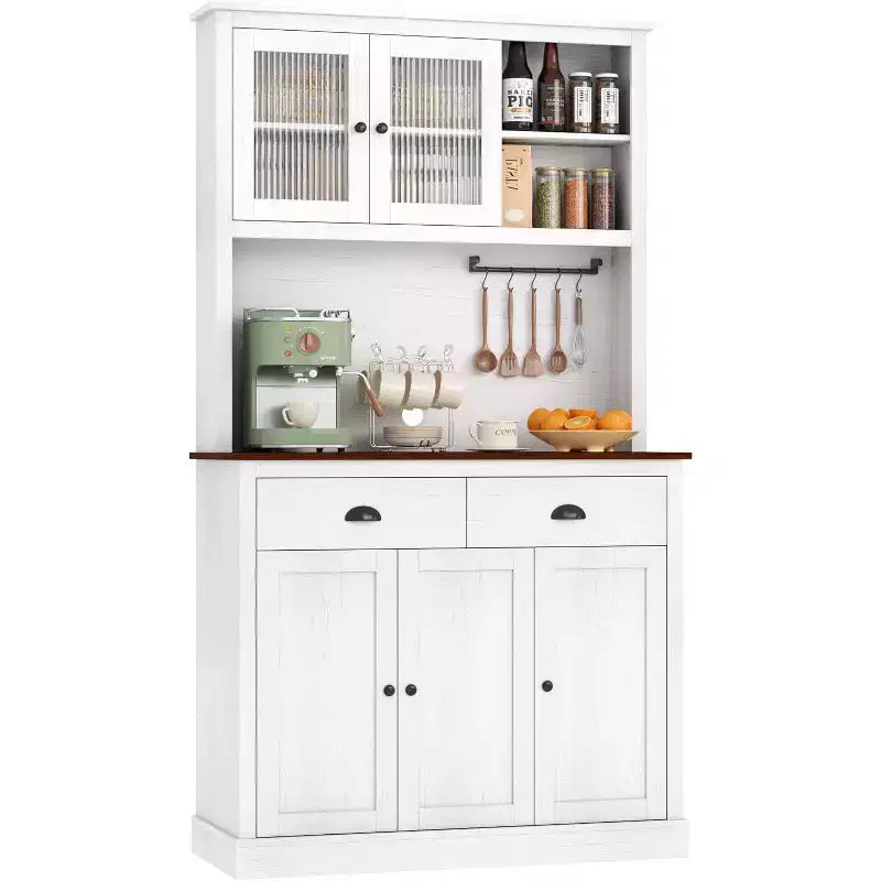 Mueble de almacenamiento de despensa de cocina de madera de 71 pulgadas, aparador independiente con soporte para microondas, barra de café, 2 cajones, 5 puertas y estantes para comedor