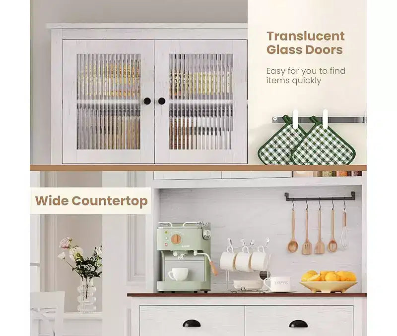 Mueble de almacenamiento de despensa de cocina de madera de 71 pulgadas, aparador independiente con soporte para microondas, barra de café, 2 cajones, 5 puertas y estantes para comedor