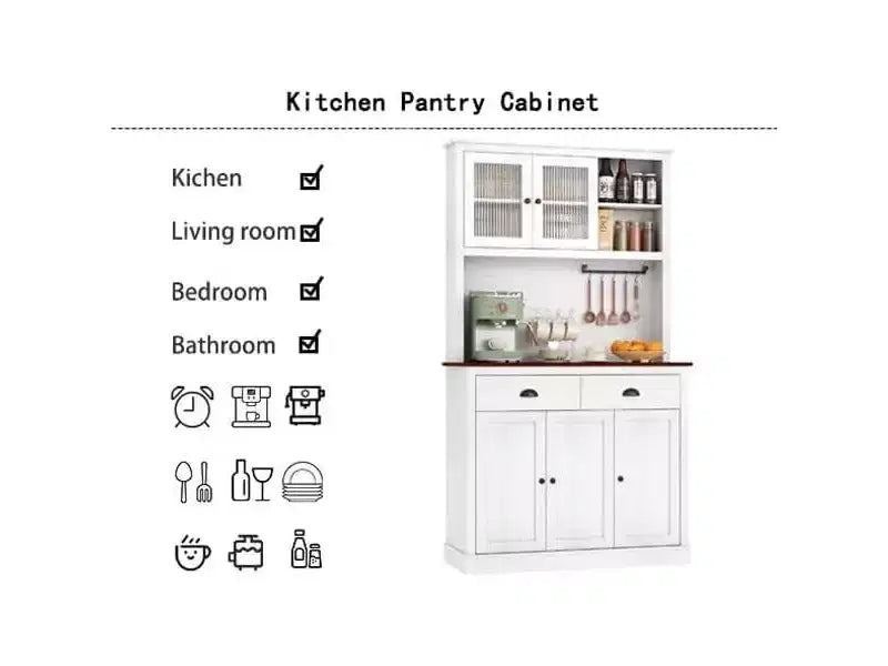 Mueble de almacenamiento de despensa de cocina de madera de 71 pulgadas, aparador independiente con soporte para microondas, barra de café, 2 cajones, 5 puertas y estantes para comedor