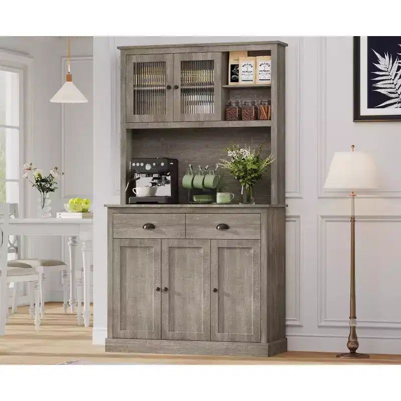 Mueble de almacenamiento de despensa de cocina de madera de 71 pulgadas, aparador independiente con soporte para microondas, barra de café, 2 cajones, 5 puertas y estantes para comedor