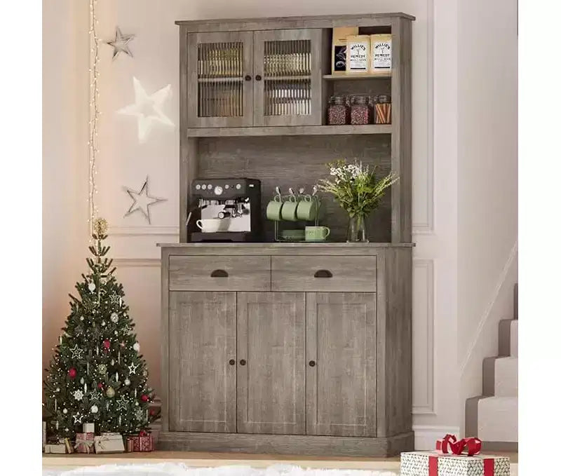 Mueble de almacenamiento de despensa de cocina de madera de 71 pulgadas, aparador independiente con soporte para microondas, barra de café, 2 cajones, 5 puertas y estantes para comedor