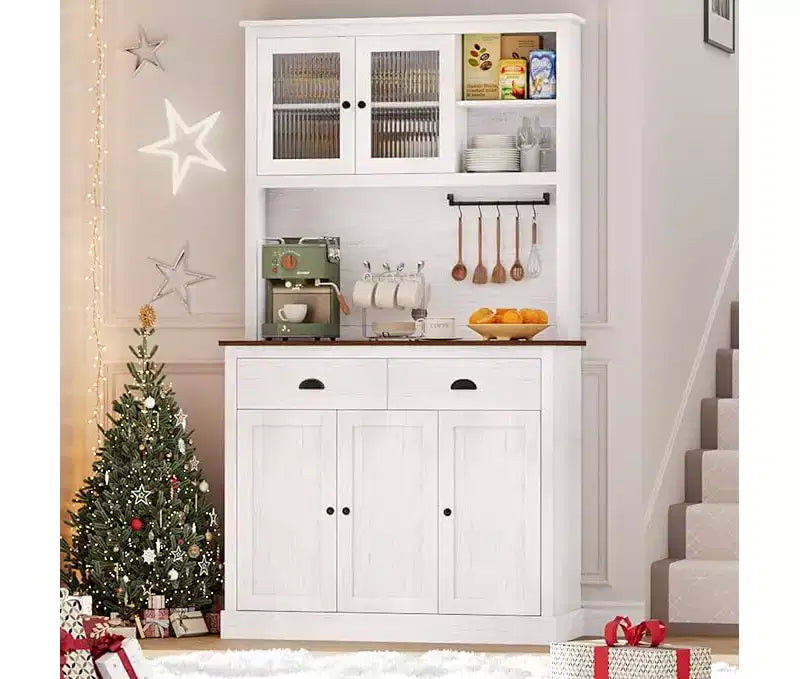 Mueble de almacenamiento de despensa de cocina de madera de 71 pulgadas, aparador independiente con soporte para microondas, barra de café, 2 cajones, 5 puertas y estantes para comedor