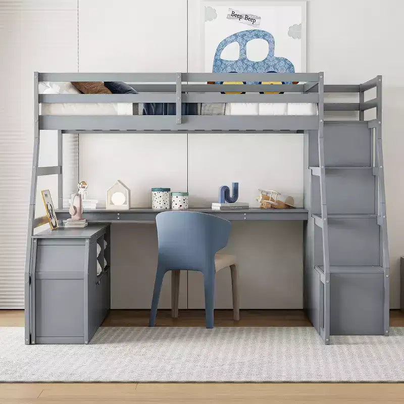 Cama alta de tamaño completo con 7 cajones, 2 estantes y escritorio, construcción sólida