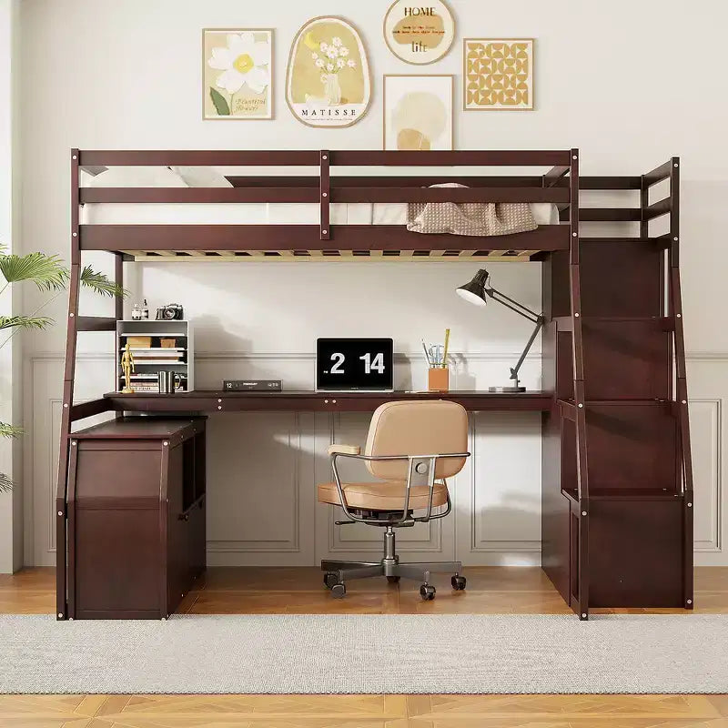 Cama alta de tamaño completo con 7 cajones, 2 estantes y escritorio, construcción sólida