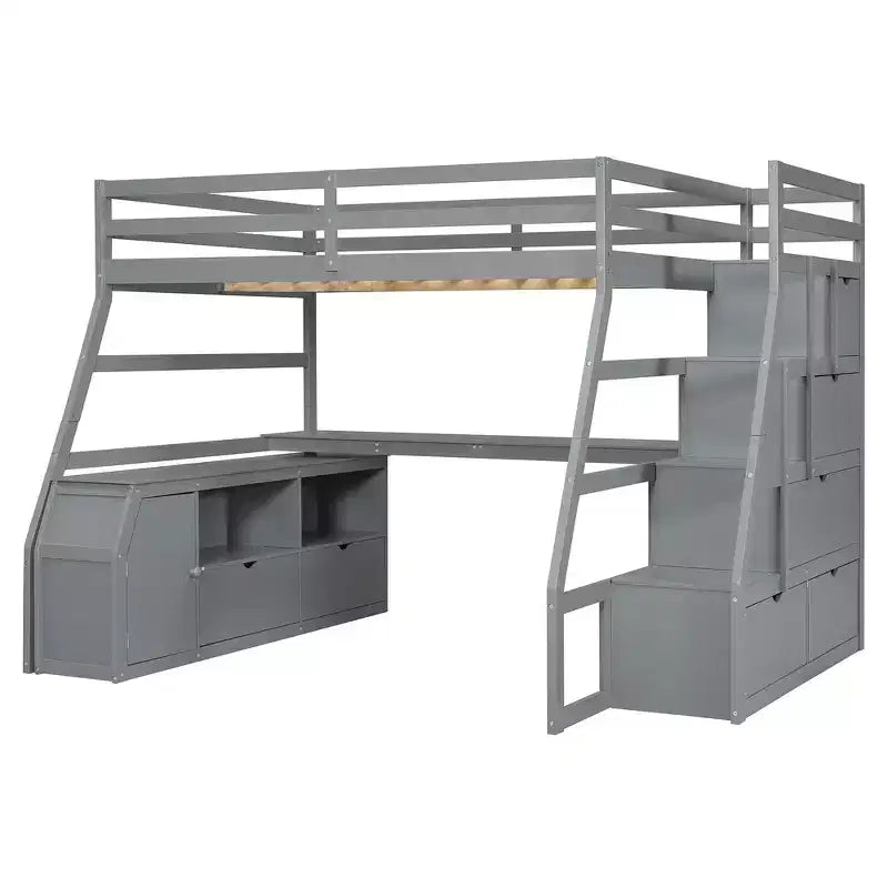 Cama alta de tamaño completo con 7 cajones, 2 estantes y escritorio, construcción sólida