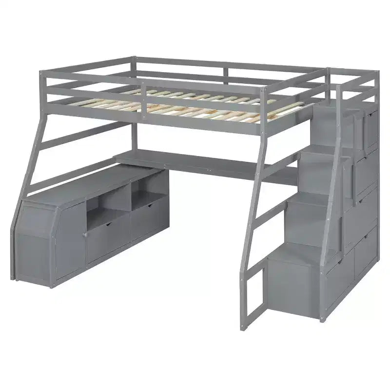 Cama alta de tamaño completo con 7 cajones, 2 estantes y escritorio, construcción sólida
