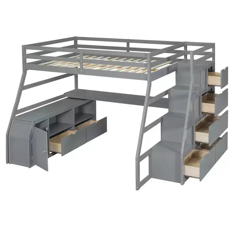 Cama alta de tamaño completo con 7 cajones, 2 estantes y escritorio, construcción sólida