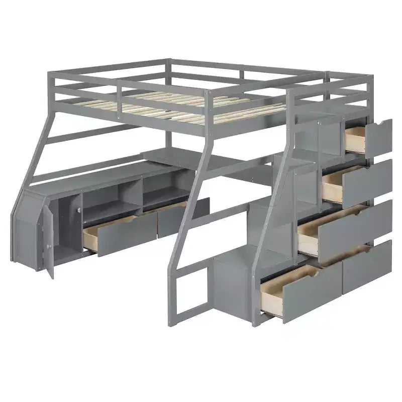 Cama alta de tamaño completo con 7 cajones, 2 estantes y escritorio, construcción sólida