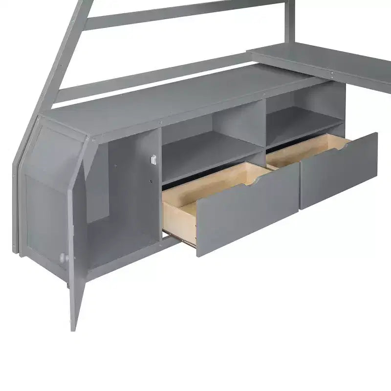 Cama alta de tamaño completo con 7 cajones, 2 estantes y escritorio, construcción sólida